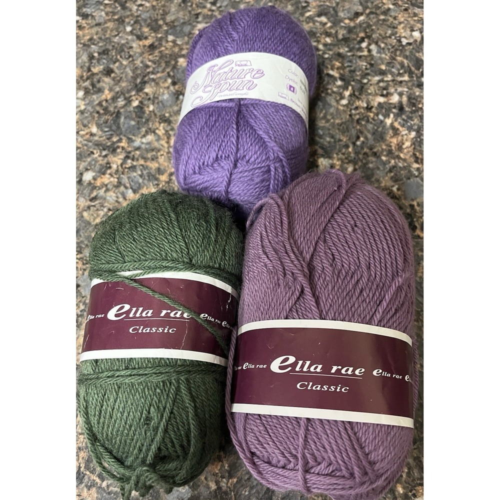 3 Ella Rae & Nature Spun Wool Yarn Skeins‎ Knit Crochet Needlepoint Purple Green